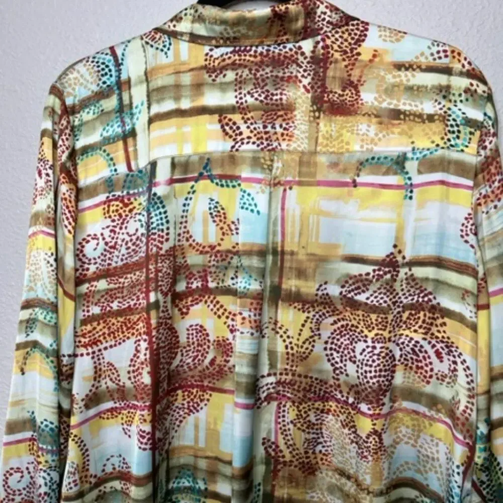 Susan Graver Luxe Print Tunic L Silky Button Front Top - Picture 8 of 9